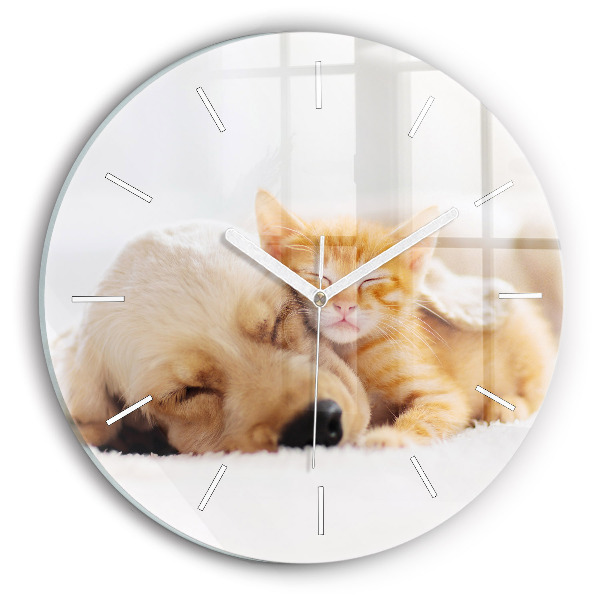 Horloge ronde murale Chat et chien endormis