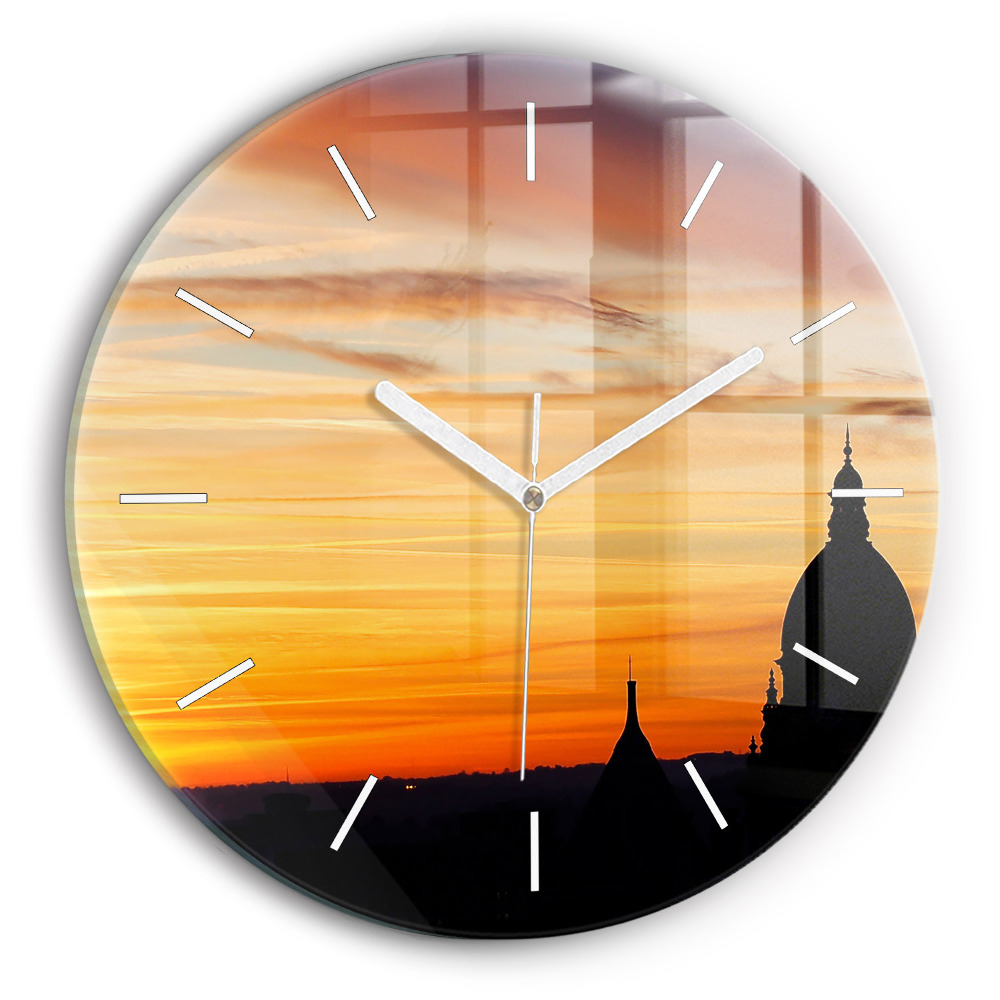 Pendule murale ronde Bâtiment et coucher de soleil