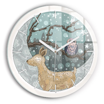 Horloge ronde en verre Animaux nocturnes et lune