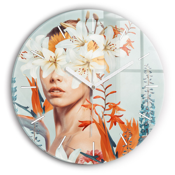 Horloge ronde en verre Femme avec des fleurs