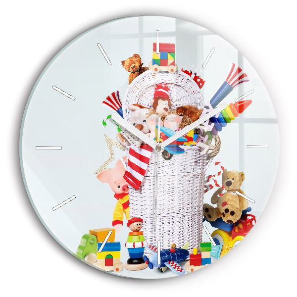 Horloge ronde en verre Panier en osier avec des jouets