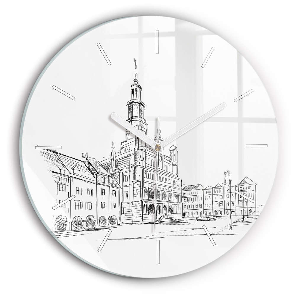 Horloge ronde en verre Croquis de la vieille ville de Poznań
