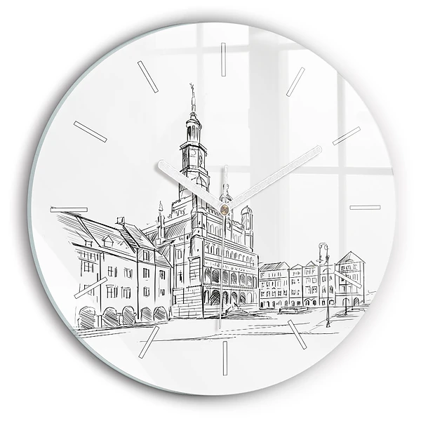 Horloge ronde en verre Croquis de la vieille ville de Poznań