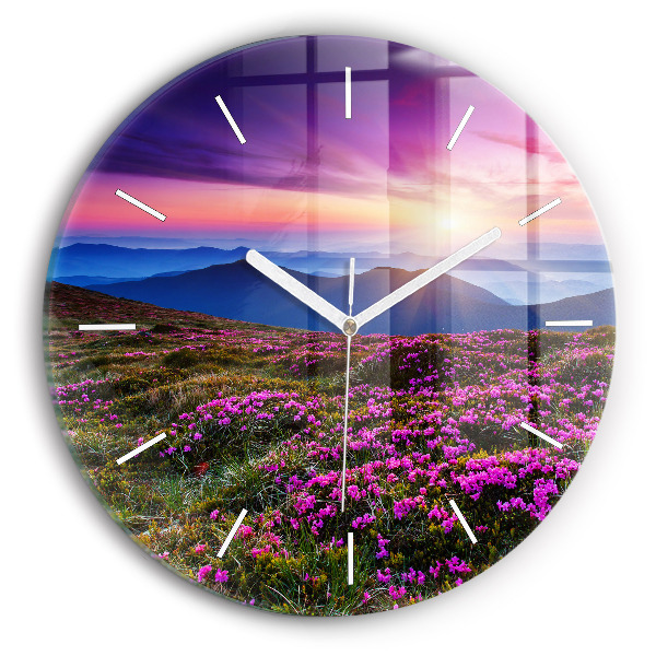 Horloge ronde en verre Lever de soleil et fleurs