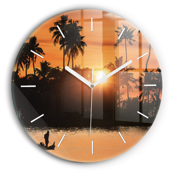 Horloge ronde en verre Coucher de soleil et palmiers