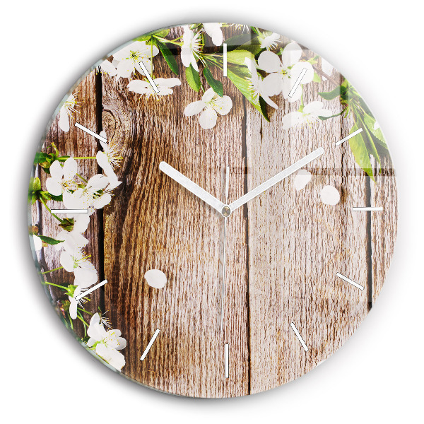 Horloge ronde en verre Fleurs sur bois