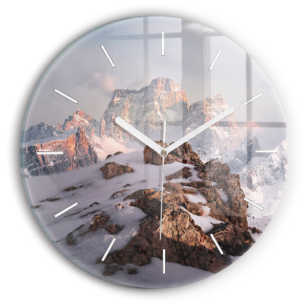 Horloge ronde en verre Montagne enneigée