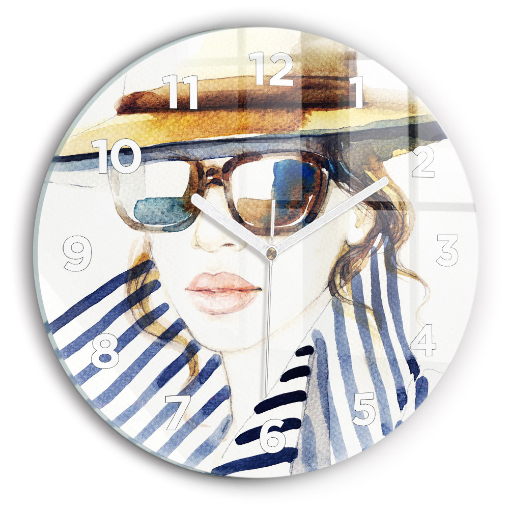 Horloge ronde en verre Visage avec lunettes et chapeau