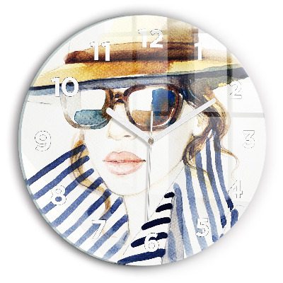 Horloge ronde en verre Visage avec lunettes et chapeau