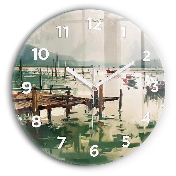 Pendule murale ronde Bateaux de pêche dans le port