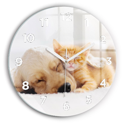 Horloge ronde murale Chat et chien endormis