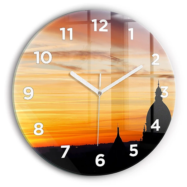 Pendule murale ronde Bâtiment et coucher de soleil
