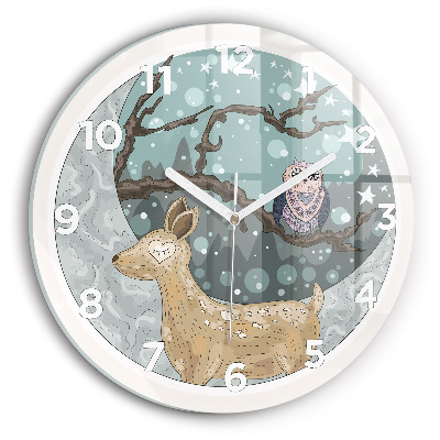 Horloge ronde en verre Animaux nocturnes et lune