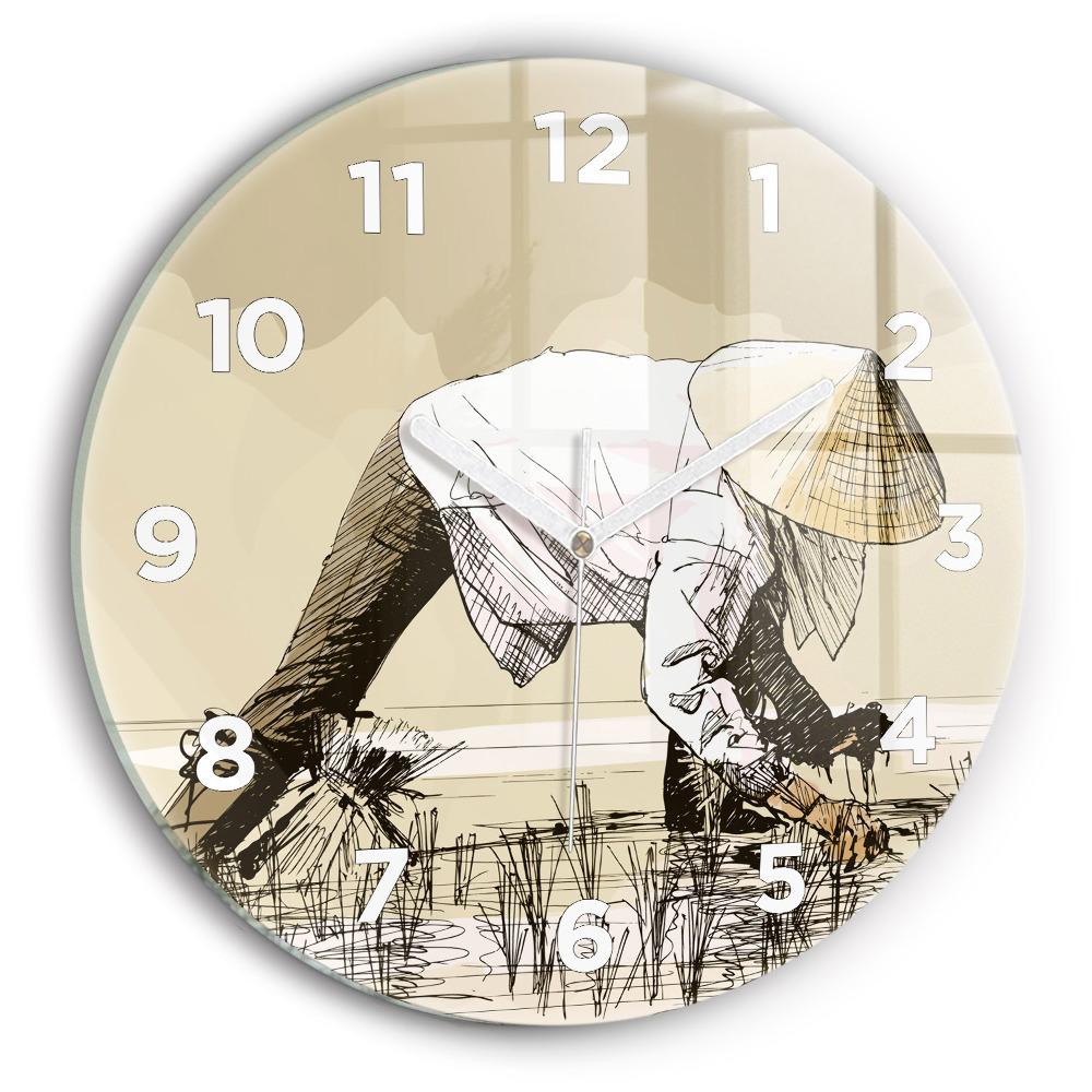 Horloge ronde en verre Femme cueillant du riz