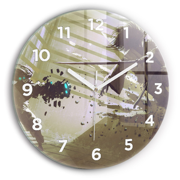 Pendule murale ronde Combat entre un robot et un samouraï