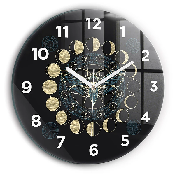 Pendule murale ronde Phases de la lune et insecte