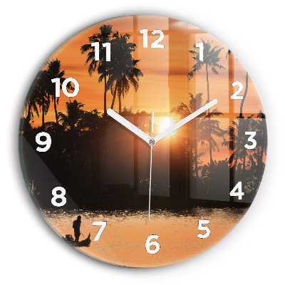 Horloge ronde en verre Coucher de soleil et palmiers