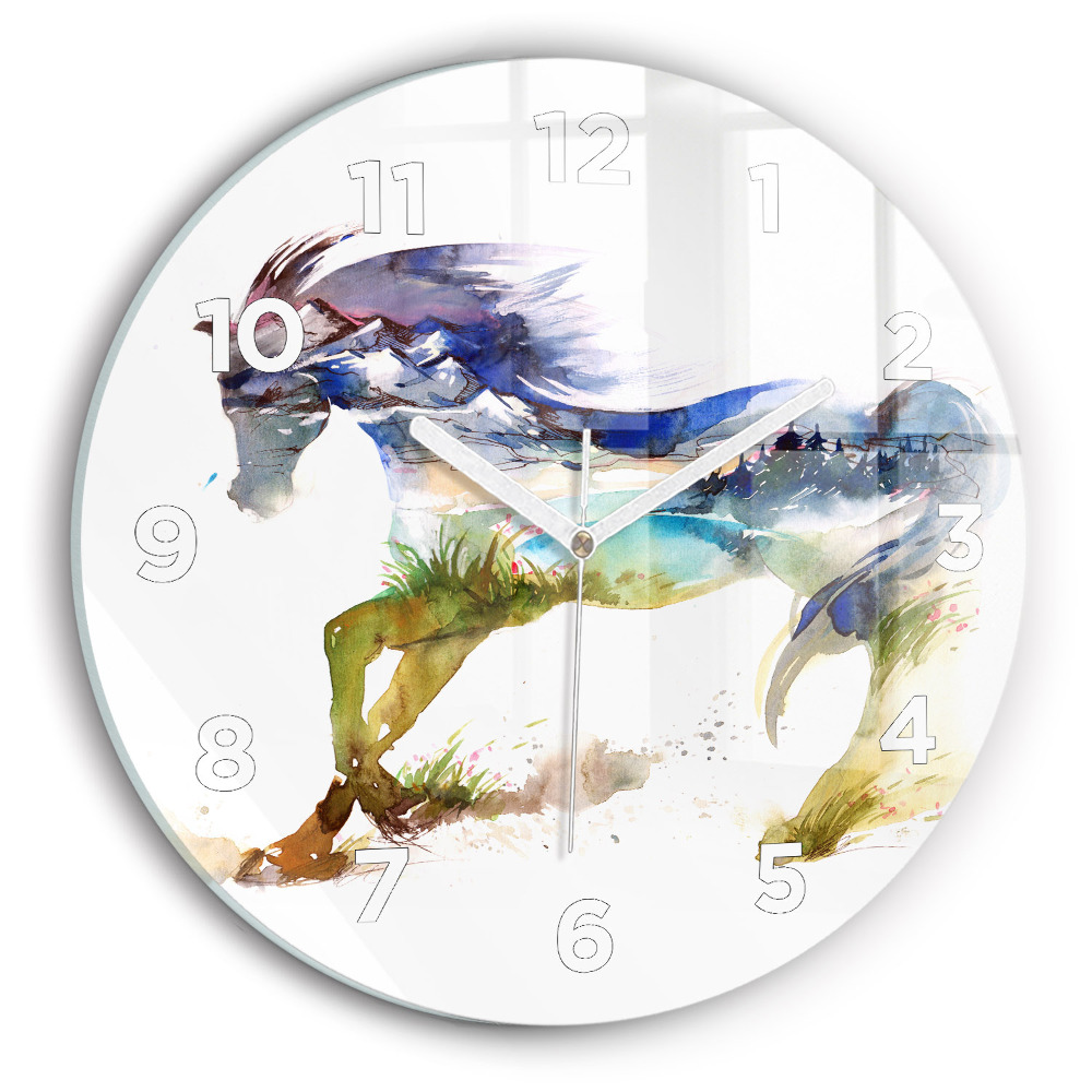 Pendule murale ronde Montagne peinte et cheval