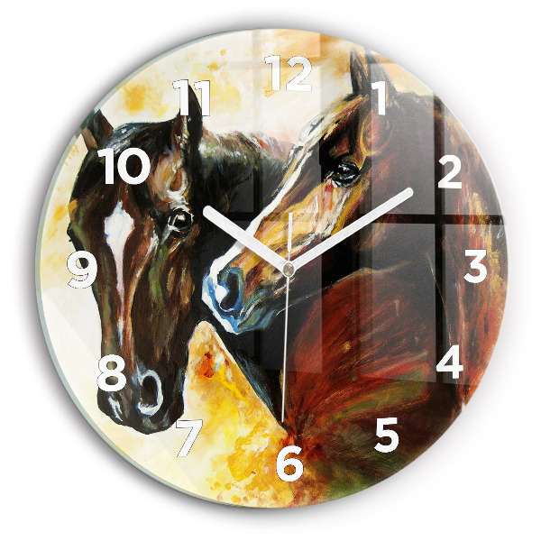 Horloge ronde en verre Deux chevaux peints