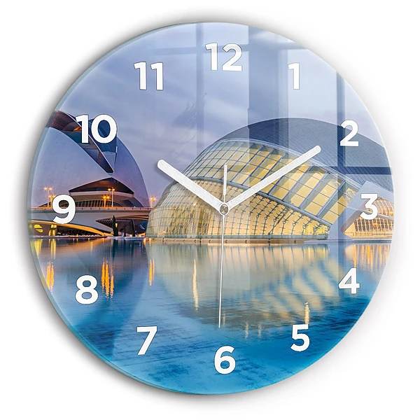 Horloge ronde en verre Coucher de soleil en ville