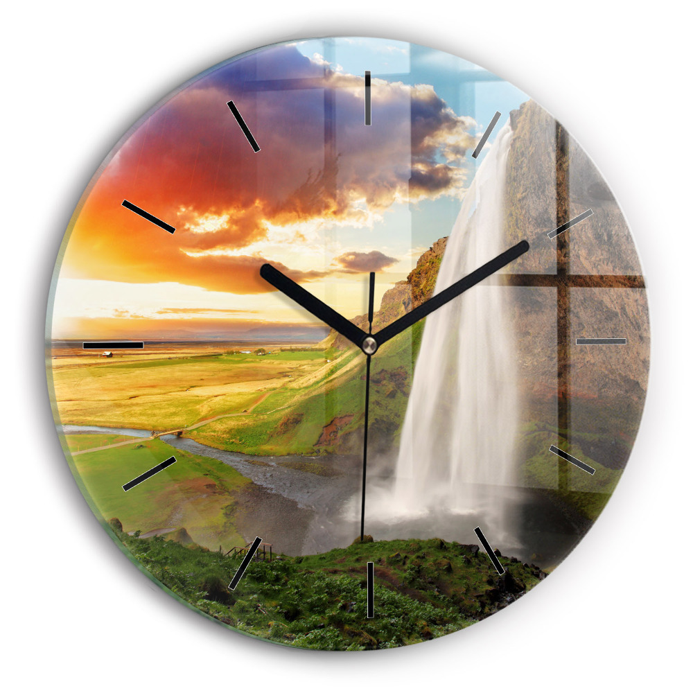 Chute d'eau en Islande Horloge ronde en verre