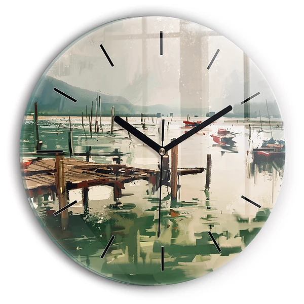 Bateaux de pêche dans le port Pendule murale ronde