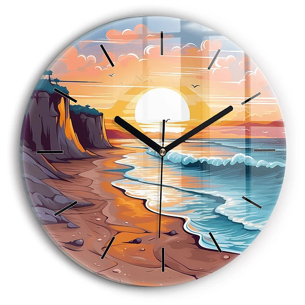 Océan et soleil de conte de fées Horloge ronde en verre