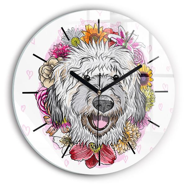 Chien heureux dans les fleurs Horloge ronde murale