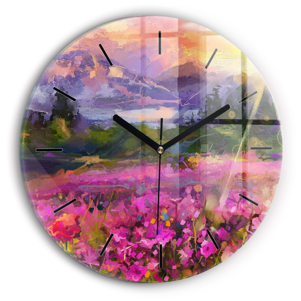 Paysage de nature et de fleurs Horloge ronde en verre
