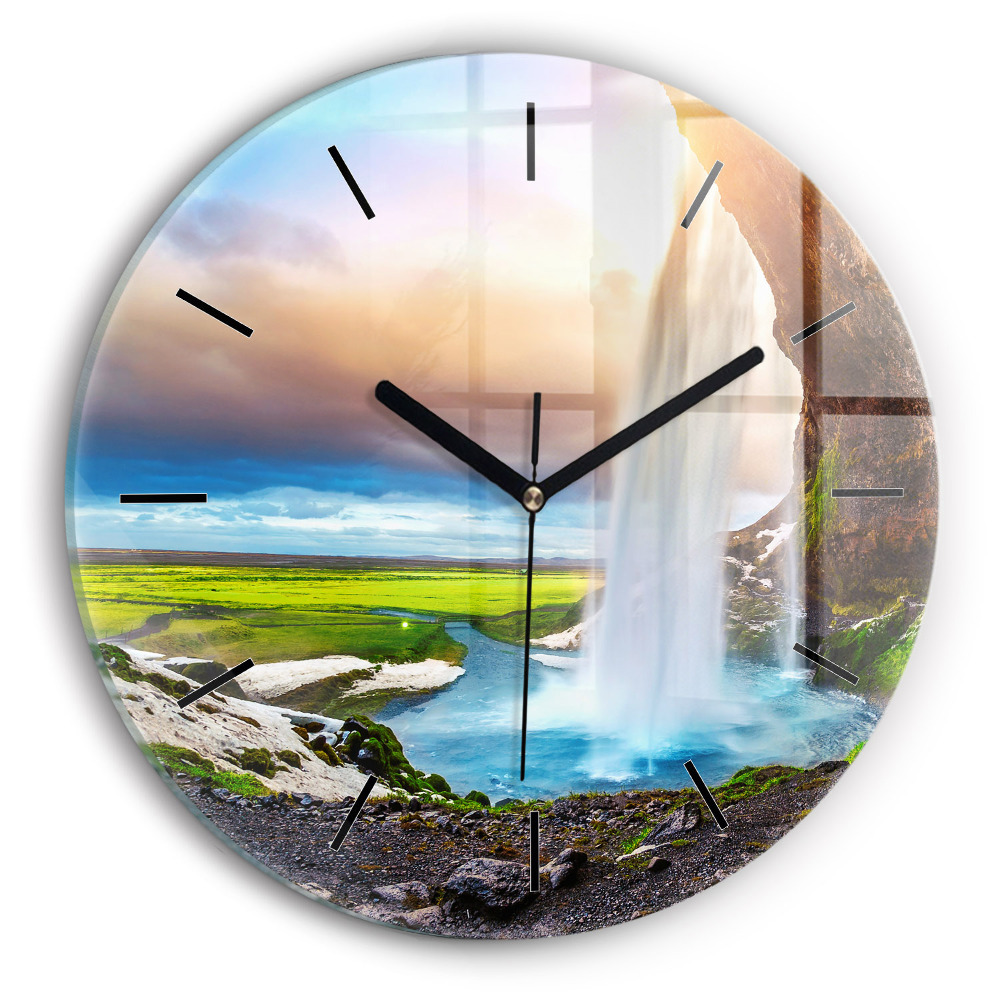 Chute d'eau en Islande Horloge ronde en verre