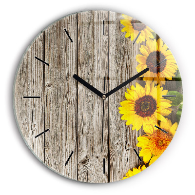 Tournesols sur planches Horloge ronde en verre