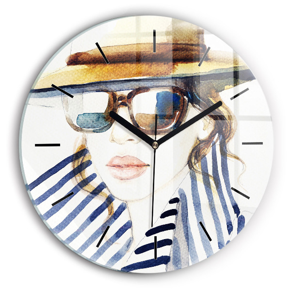 Visage avec lunettes et chapeau Horloge ronde en verre