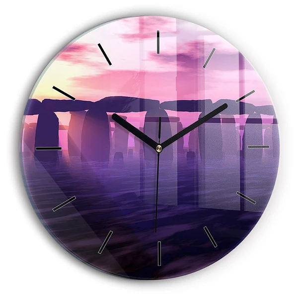 Coucher de soleil à Stonehenge Horloge ronde en verre
