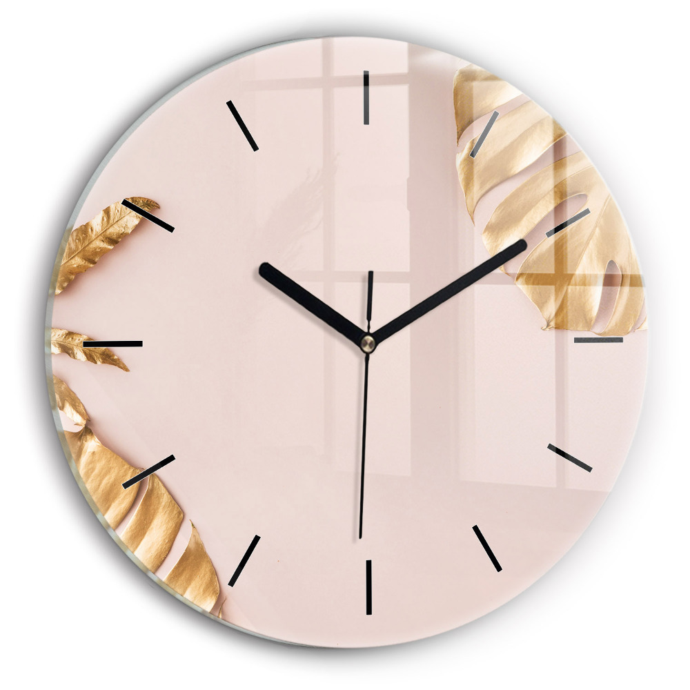 Feuilles tropicales dorées Horloge ronde en verre