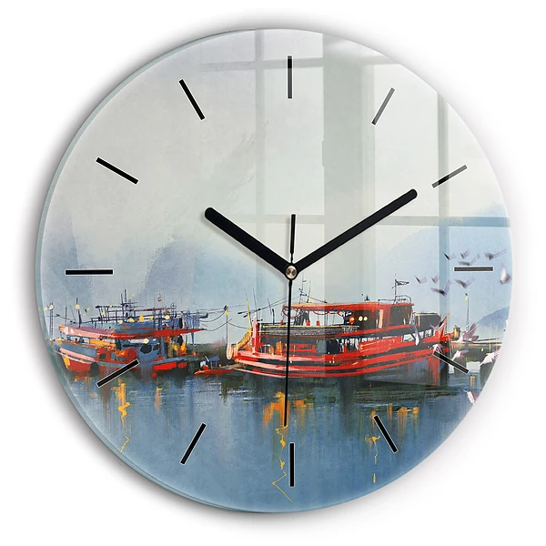 Bateau de pêche dans le port Horloge ronde murale