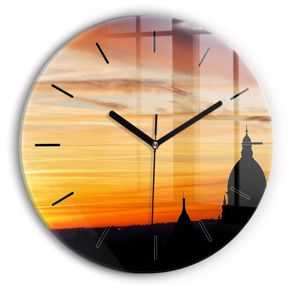 Bâtiment et coucher de soleil Pendule murale ronde