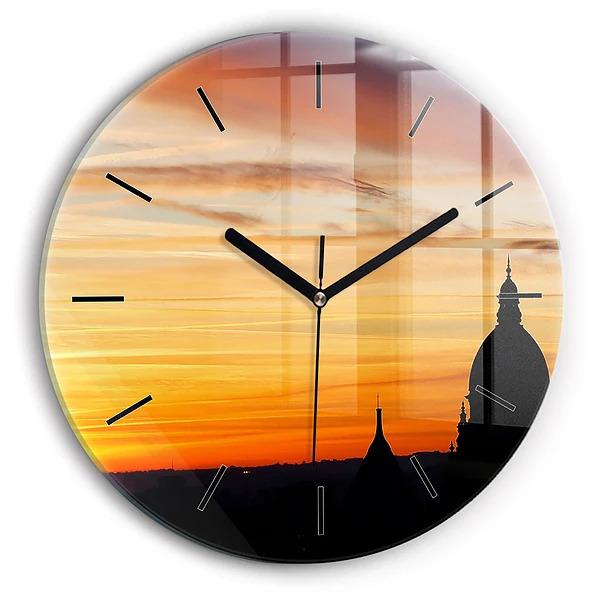 Bâtiment et coucher de soleil Pendule murale ronde