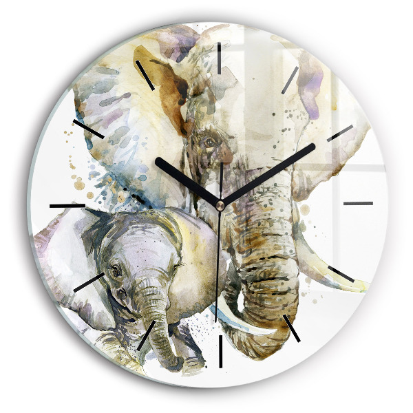 Animaux peints - éléphants Horloge ronde en verre