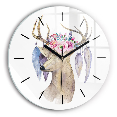 Tête de cerf et fleurs Horloge ronde