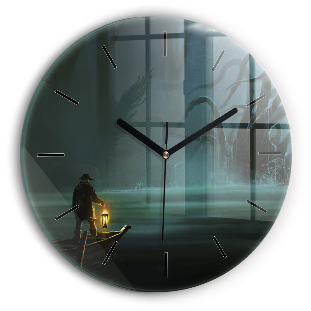 Homme et monstre dans un marais Pendule murale ronde