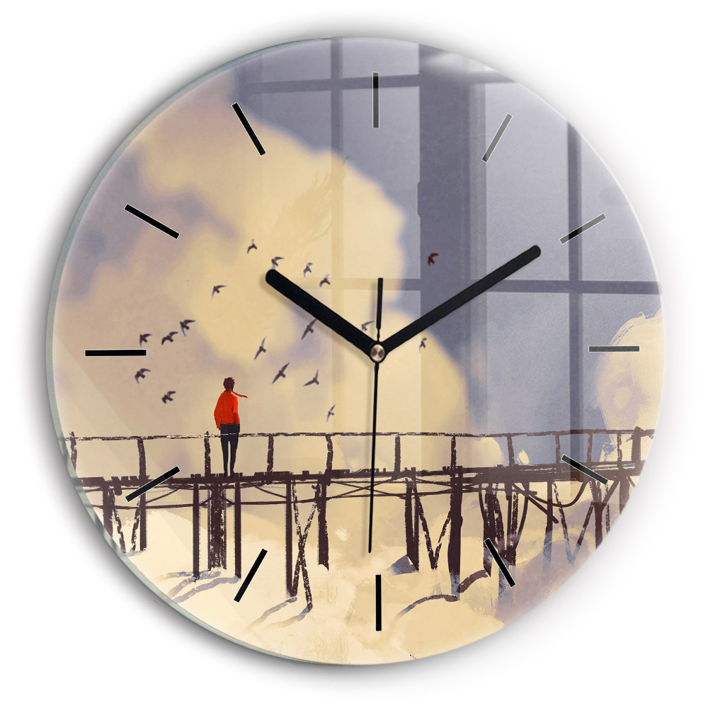 Homme sur un vieux pont Pendule murale ronde