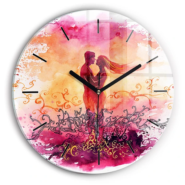 Aquarelle d'un couple amoureux Pendule murale ronde