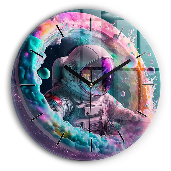 Cosmonaute et nuages colorés Horloge ronde