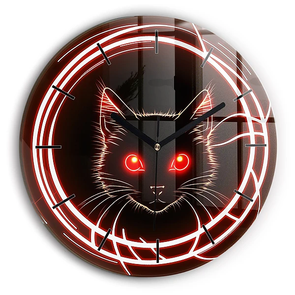 Chat aux yeux rouges Horloge ronde en verre
