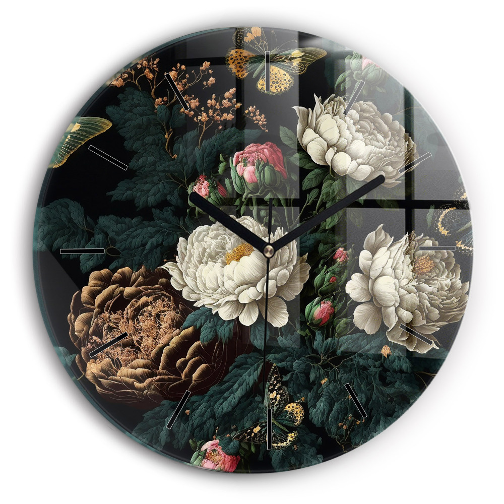 Fleur et papillons dorés Horloge ronde