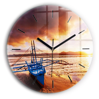 Bateau et coucher de soleil Horloge ronde