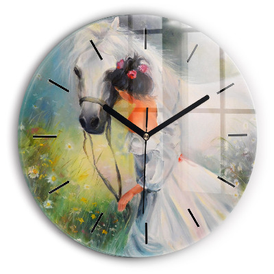 Belle femme avec cheval Horloge ronde