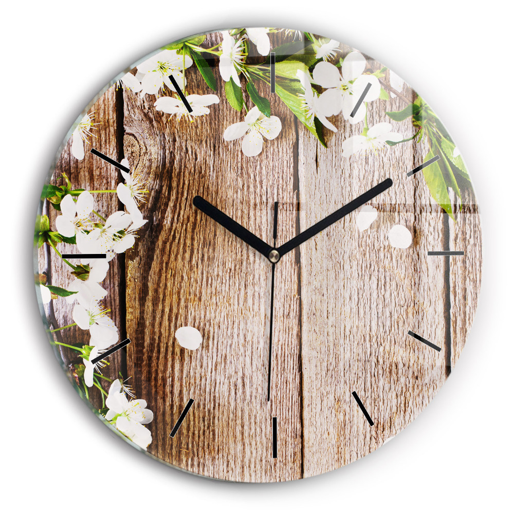 Fleurs sur bois Horloge ronde en verre