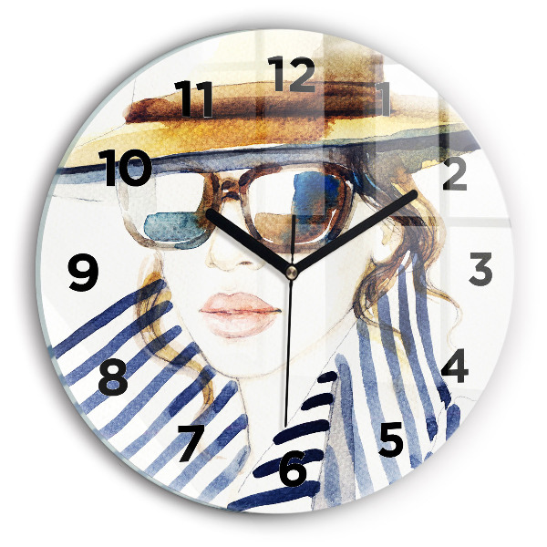 Horloge ronde en verre Visage avec lunettes et chapeau