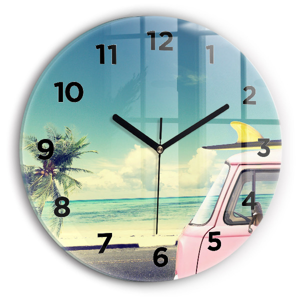 Horloge ronde murale Voiture avec planche de surf